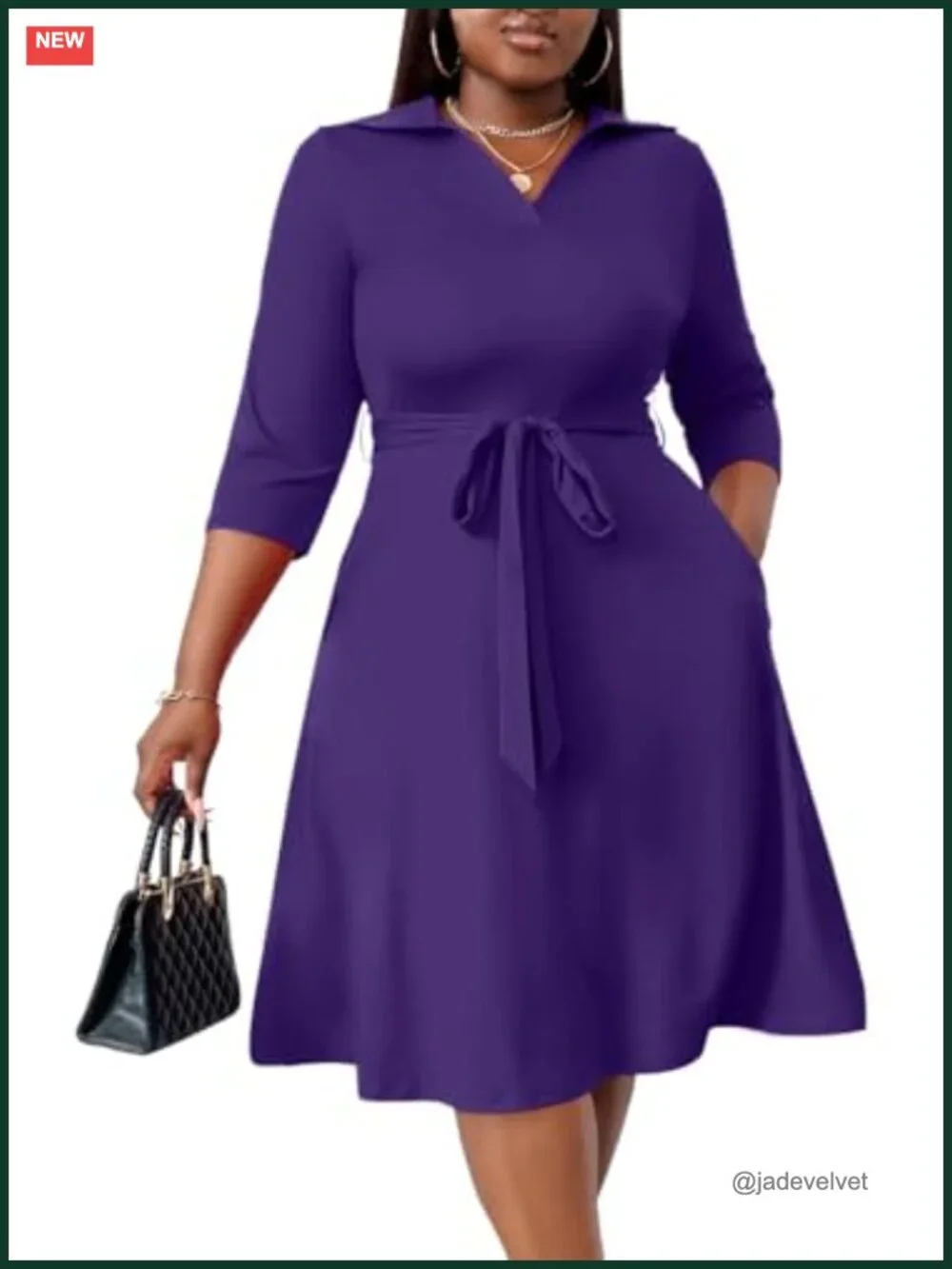 Plus Size A-Line Midi Dress with Pockets and Belt, Polyester Spandex, Cocktail